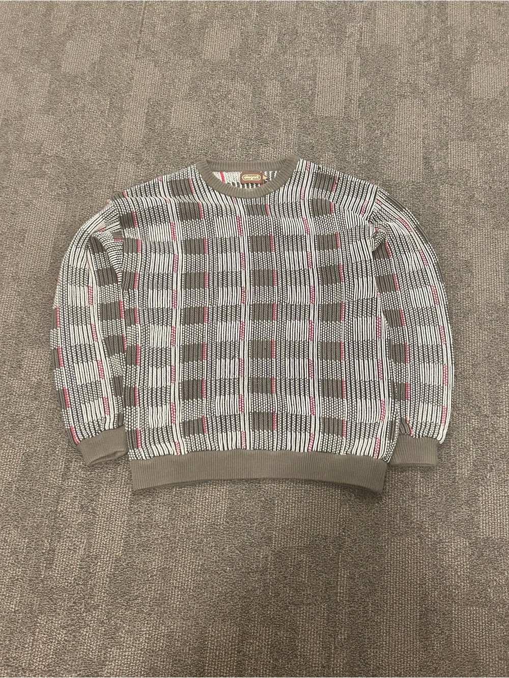 Men's Patterned Crewneck Sweater - Gray, White & Red Accents